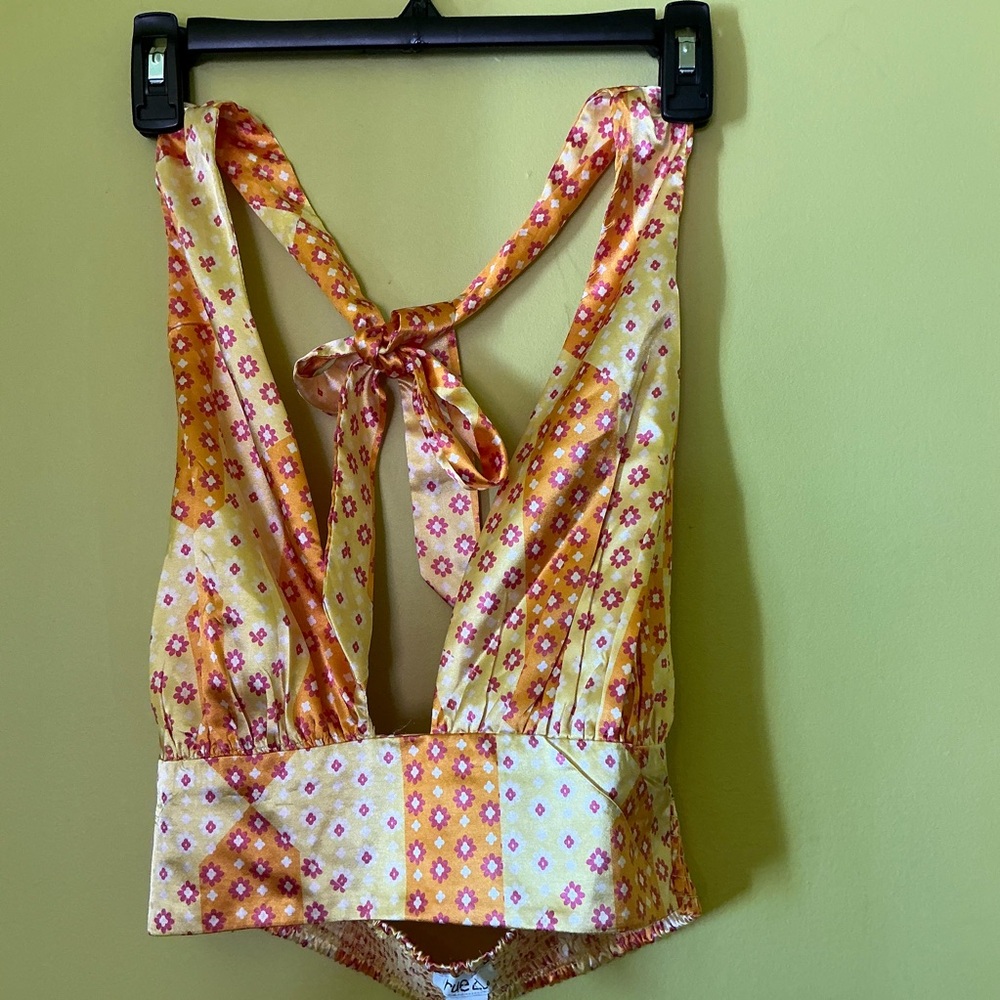 Rue21 Floral Print Halter Crop in Orange and Cream